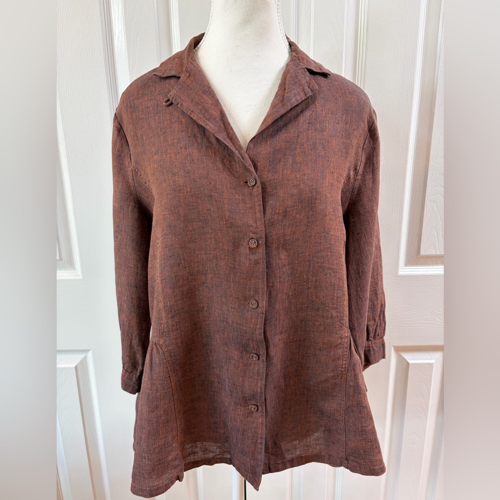 Poetry Brown Linen Ruffle Back Button Up 3/4 Sleeve Size 6